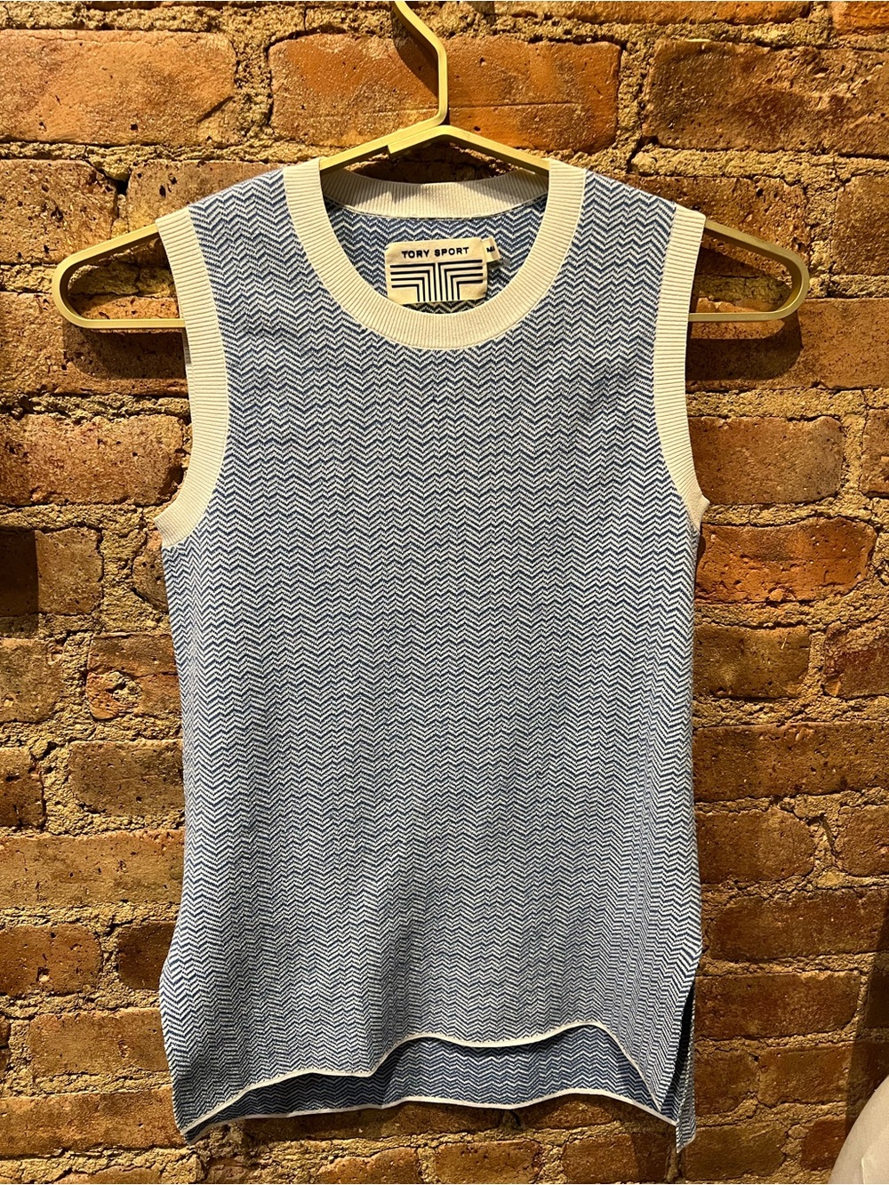 Tory Sport Blue Herringbone Sleeveless Knit Tank with Cream Trim